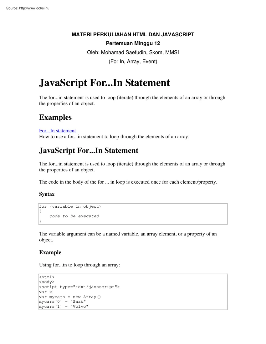 Mohamad Saefudin - JavaScript For In statement