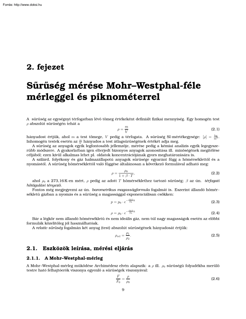 Sűrűség mérése Mohr-Westphal-féle mérleggel és piknométerrel