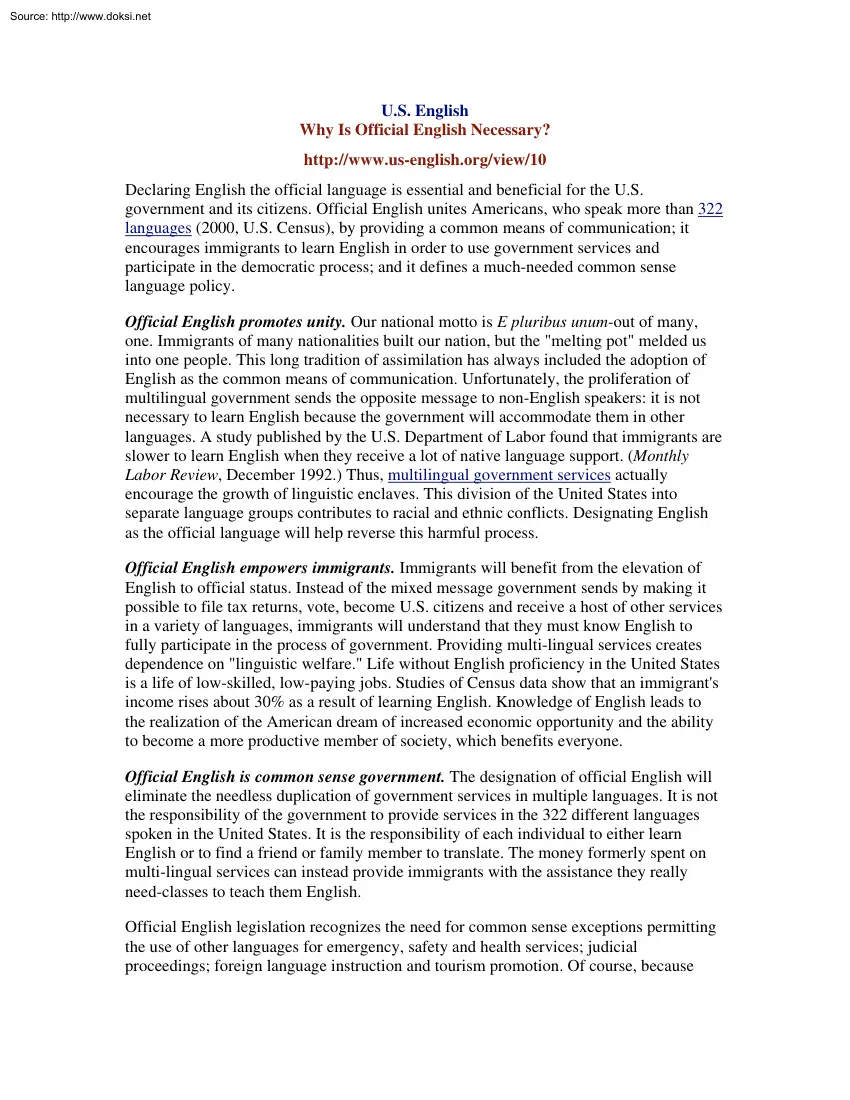 U.S. English, Why Is Official English Necessary