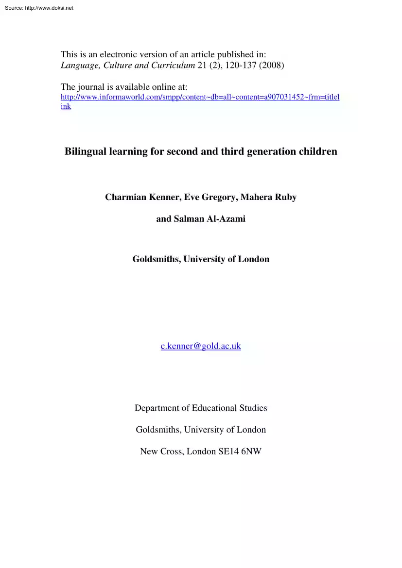 Kenner-Gregory-Ruby - Bilingual Learning for Second and third Generation Children