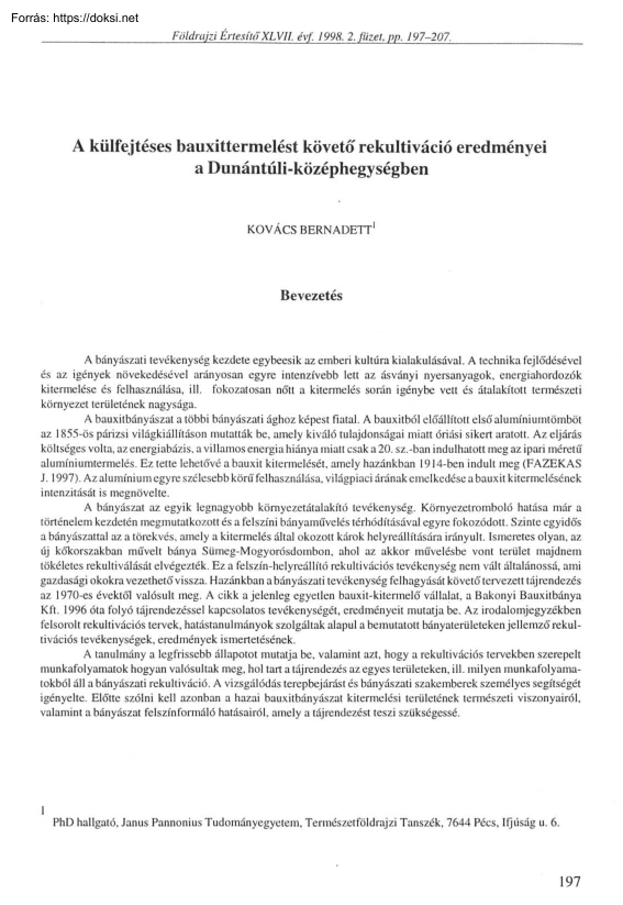 Kovács Bernadett - A külfejtéses bauxittermelést követő rekultiváció eredményei a Dunántúli-középhegységben