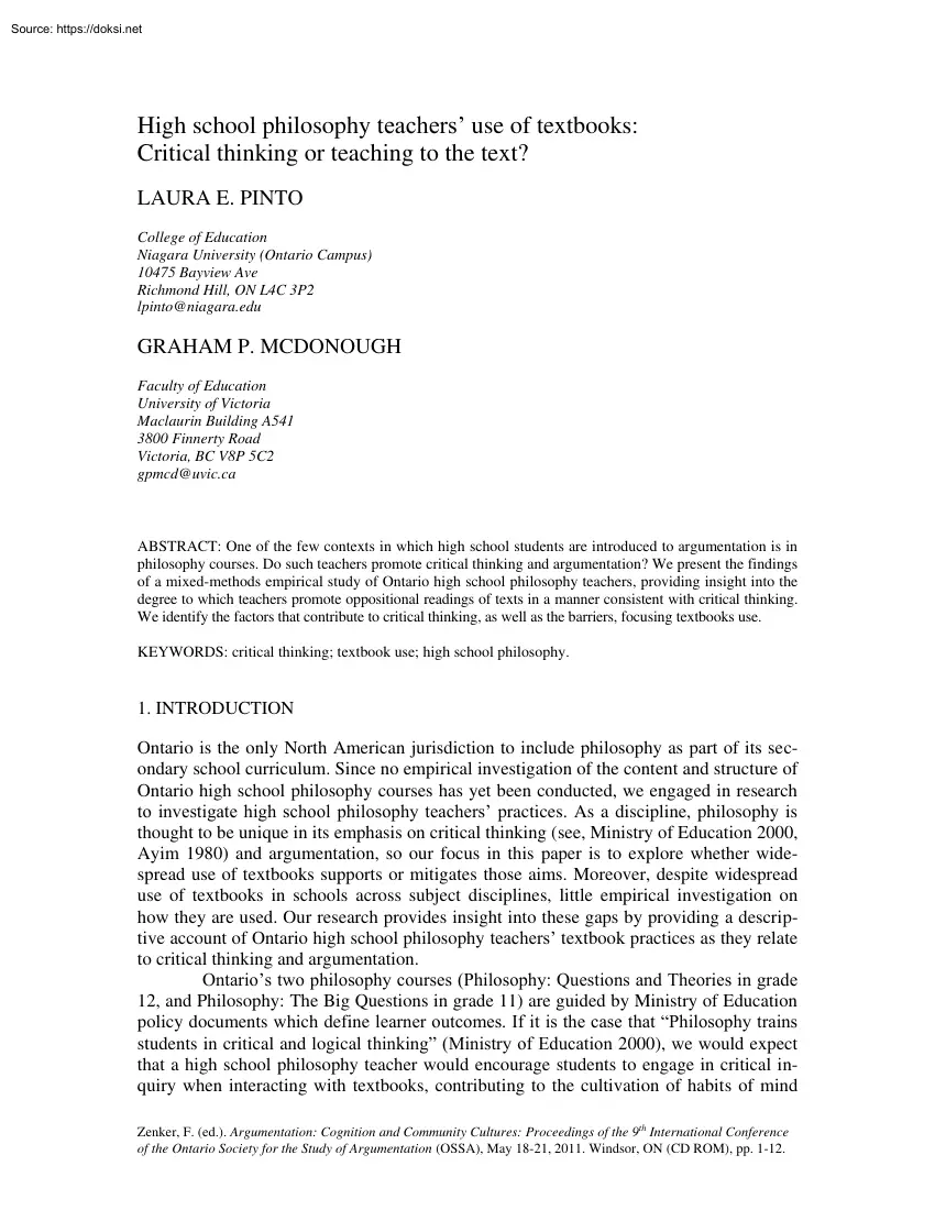 Pinto-Mcdonough - High School Philosophy Teachers Use of Textbooks, Critical Thinking or Teaching