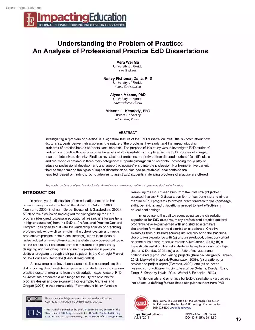 Understanding the Problem of Practice, An Analysis of Professional Practice EdD Dissertations