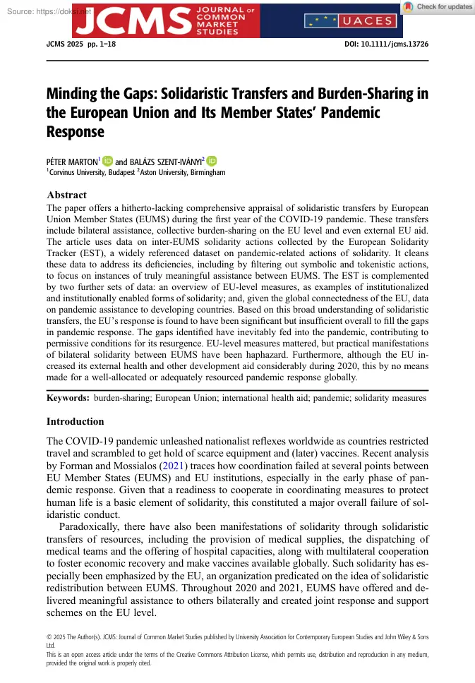 Minding the Gaps, Solidaristic Transfers and Burden-Sharing in the European Union and Its Member