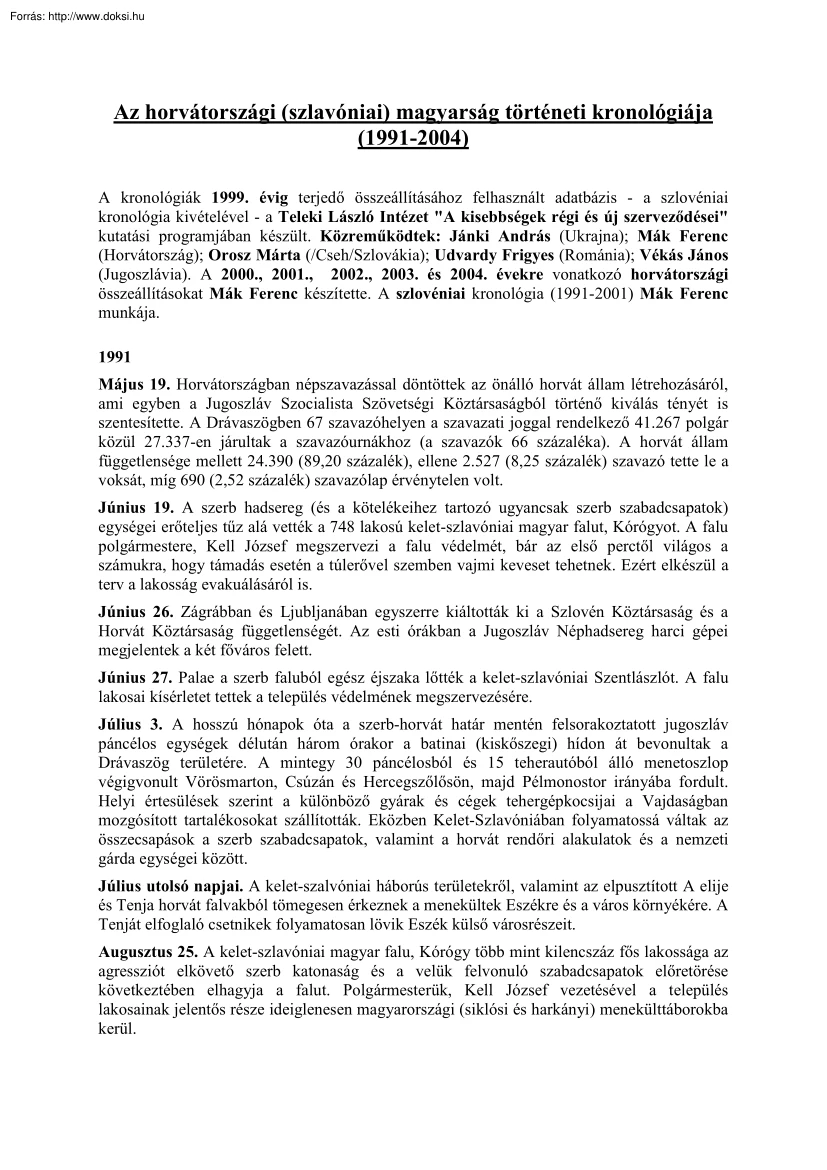 A horvátországi (szlavóniai) magyarság történeti kronológiája (1991-2004)