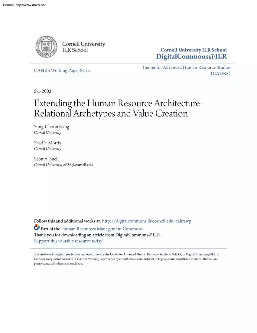 Kang-Morris - Extending the Human Resource Architecture, Relational Archetypes and Value Creation
