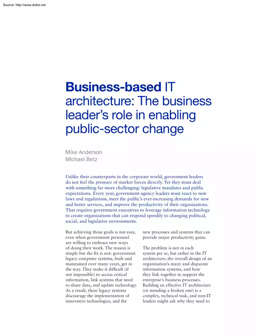 Mike-Michael - Business Based IT Architecture, The Business Leaders role in Enabling Public Sector Change