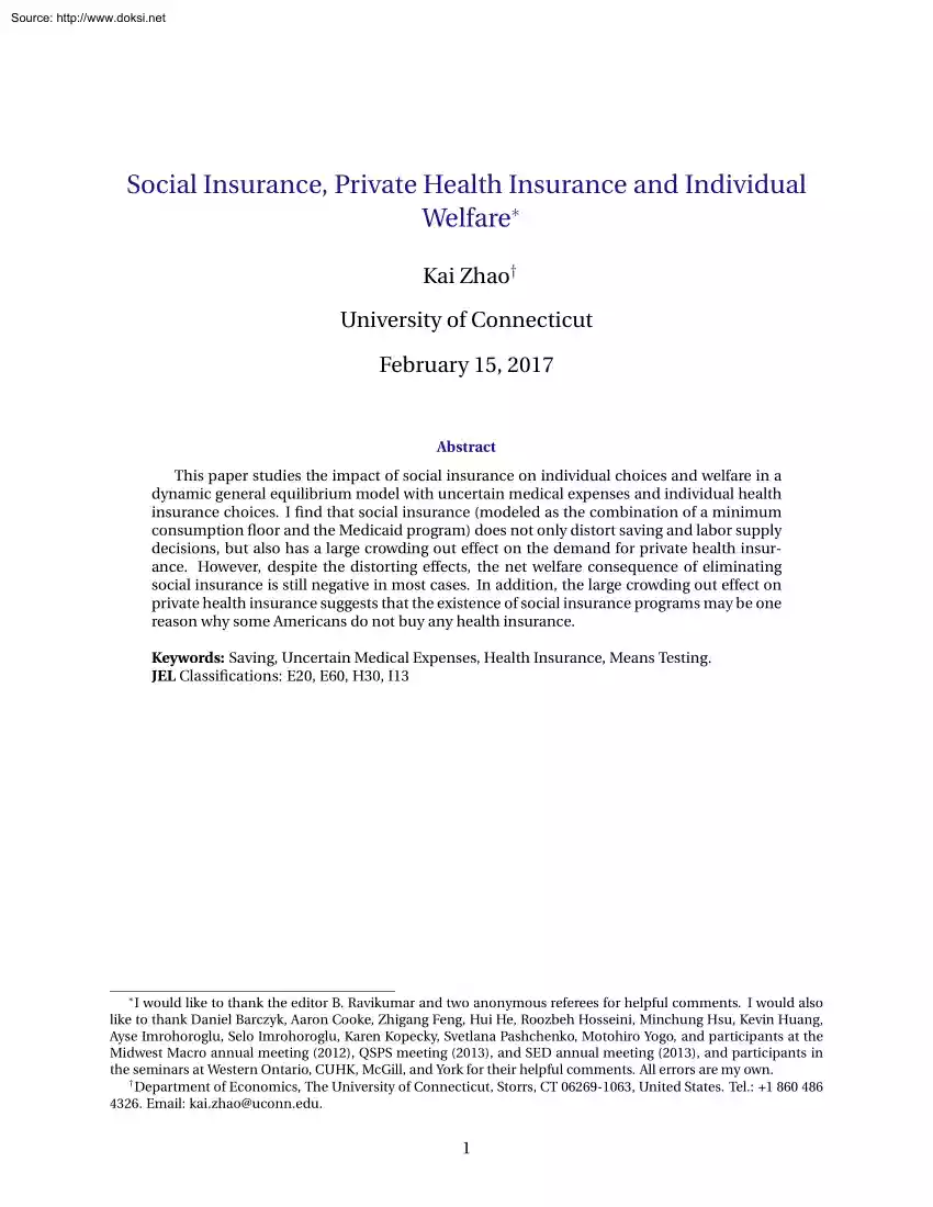 Kai Zhao - Social Insurance, Private Health Insurance and Individual Welfare