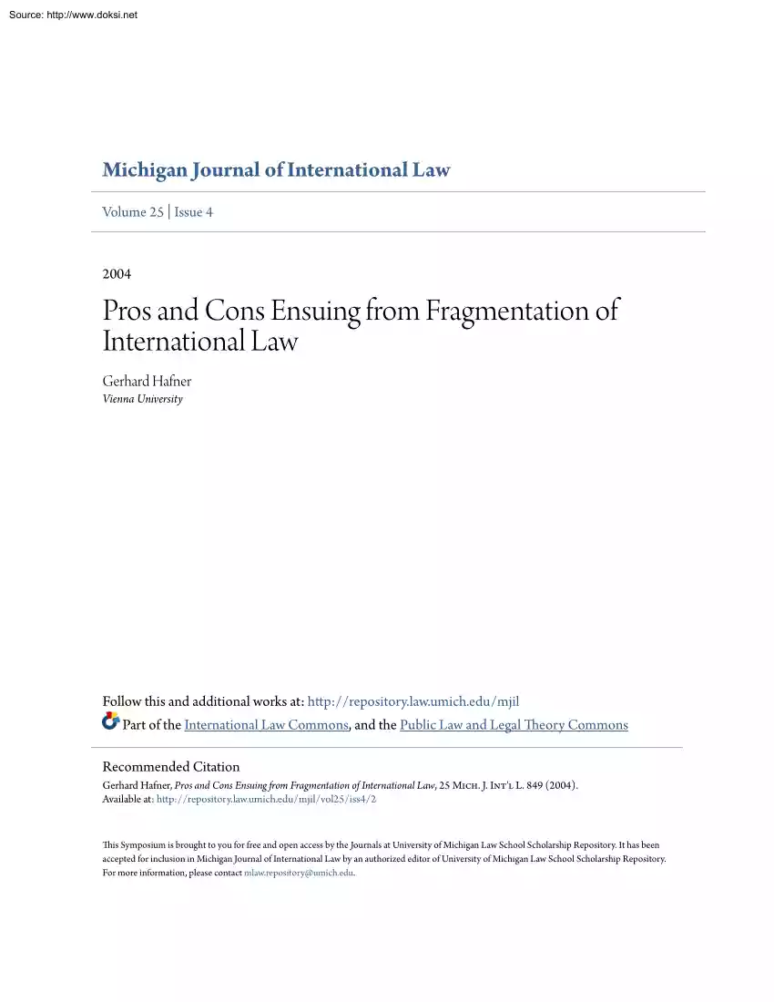 Gerhard Hafner - Pros and Cons Ensuing from Fragmentation of International Law