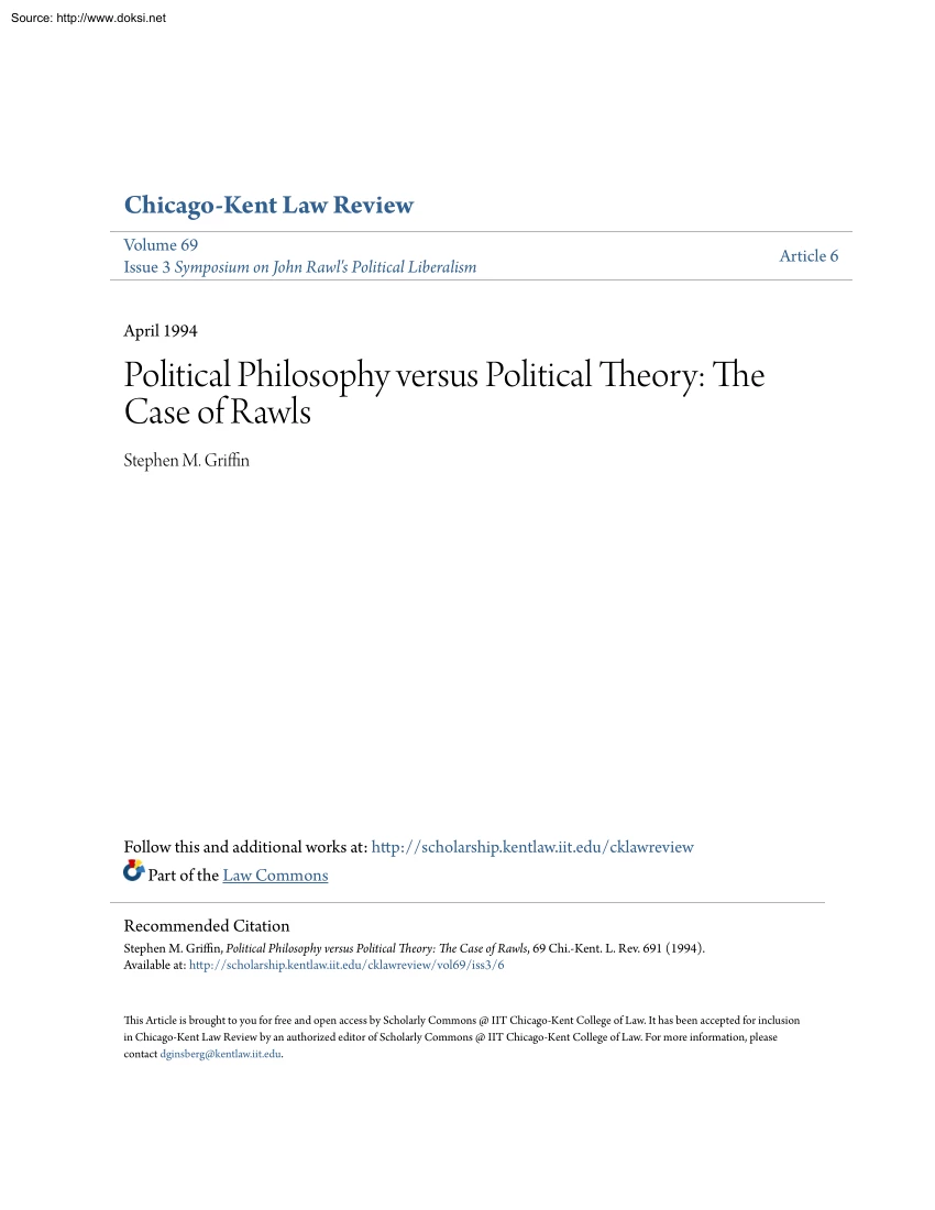Stephen M. Griffin - Political Philosophy versus Political Theory, The Case of Rawls