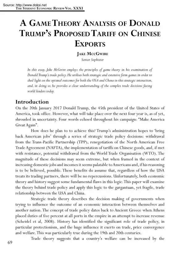 Jake MccGwire - A Game Theory Analysis of Donald Trumps Proposed Tariff on Chinese Exports