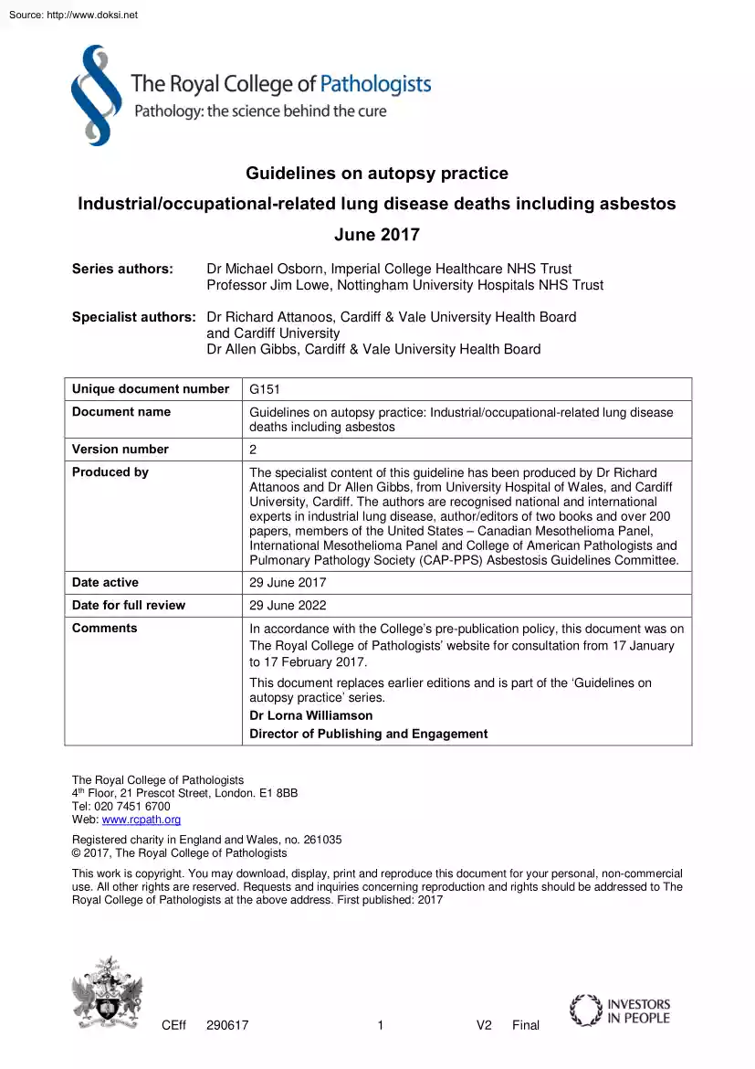 Osborn-Lowe - Guidelines on Autopsy Practice Industrial or Occupational-related Lung Disease Deaths