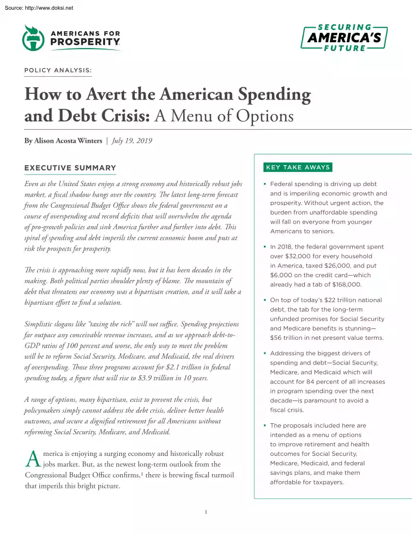 Alison Acosta Winters - How to Avert the American Spending and Debt Crisis, A Menu of Options
