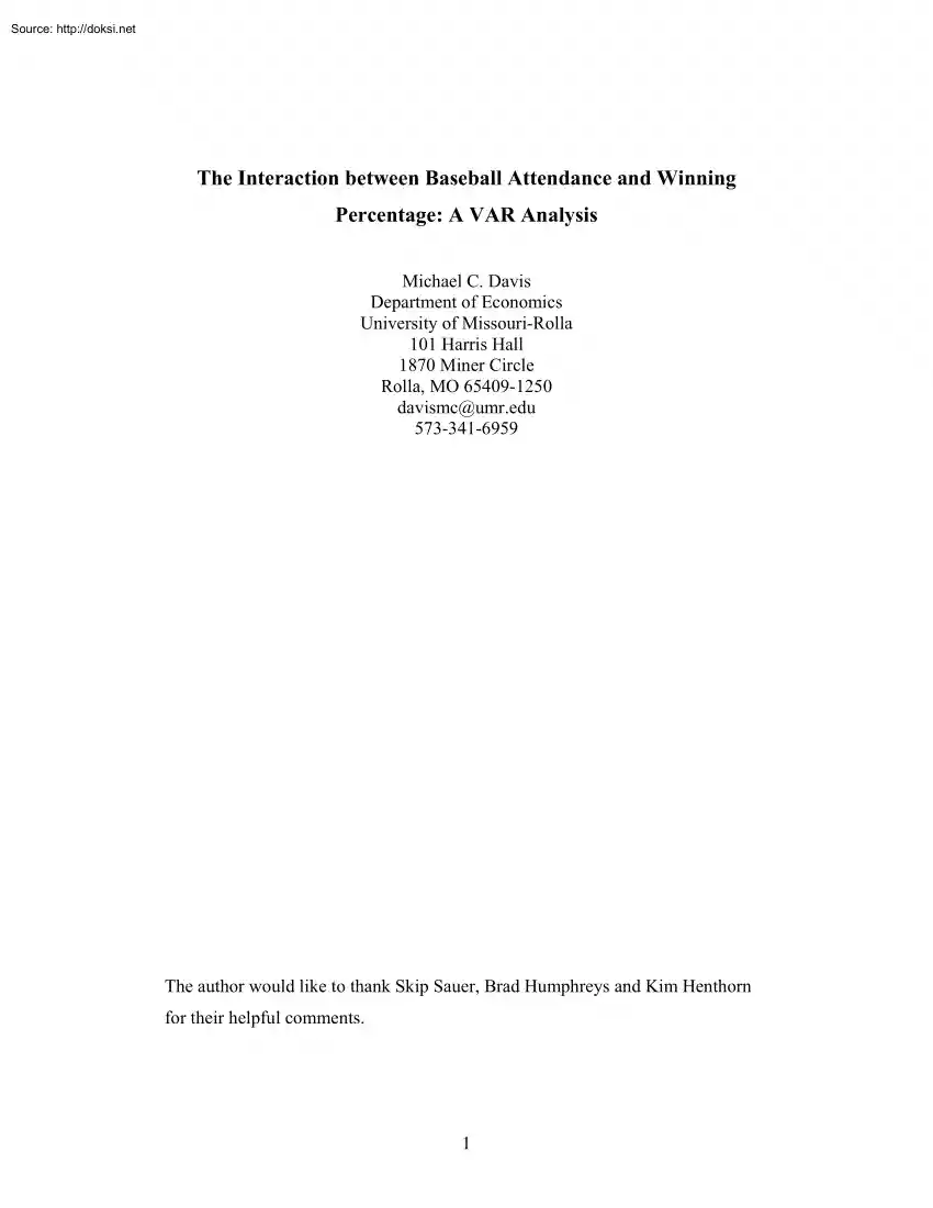 Michael C. Davis - The Interaction between Baseball Attendance and Winning Percentage, A VAR Analysis