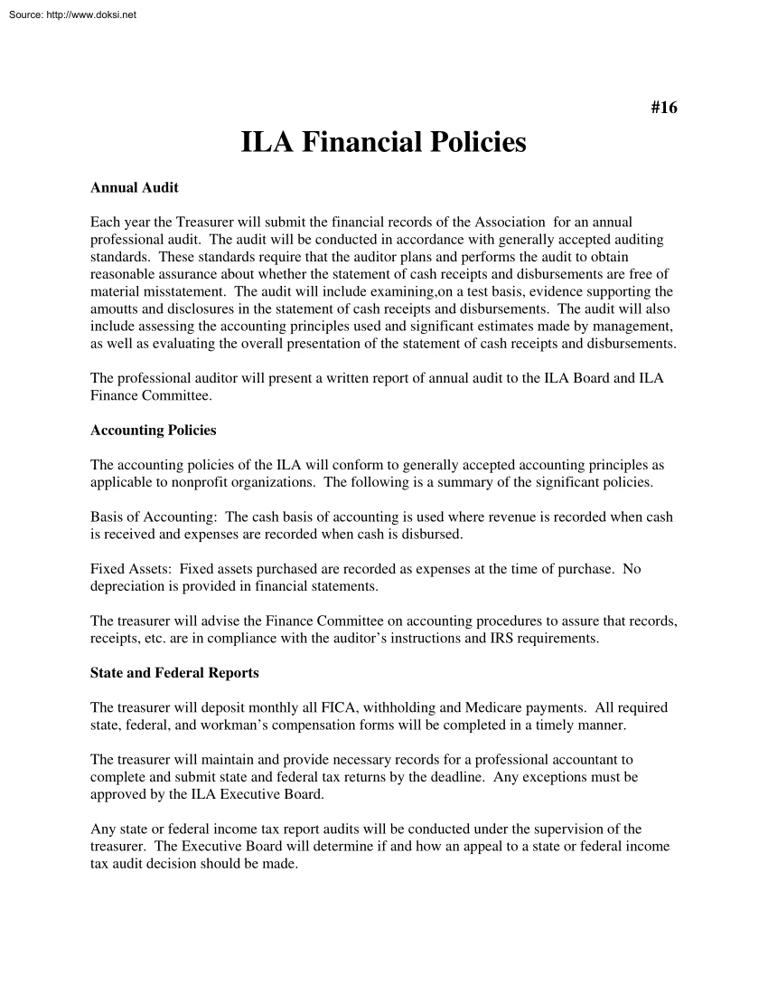 ILA Financial Policies