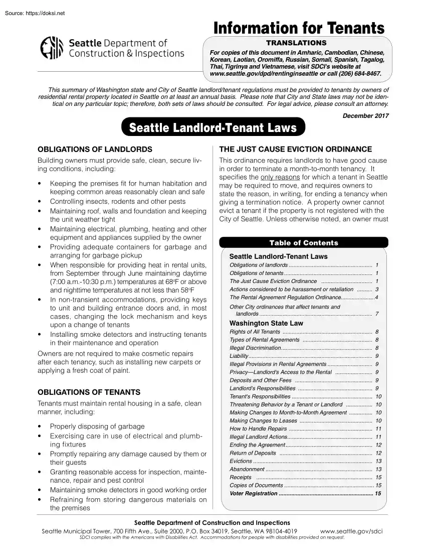 Information for Tenants, Seattle Landlord Tenant Laws