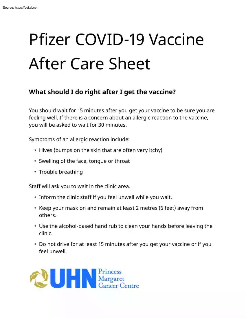 Pfizer COVID-19 Vaccine After Care Sheet