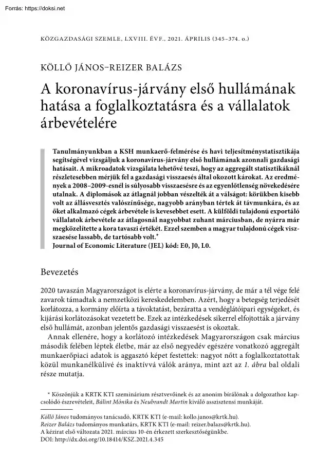 Köllő-Reizer - A koronavírus-járvány első hullámának hatása a foglalkoztatásra és a vállalatok árbevételére