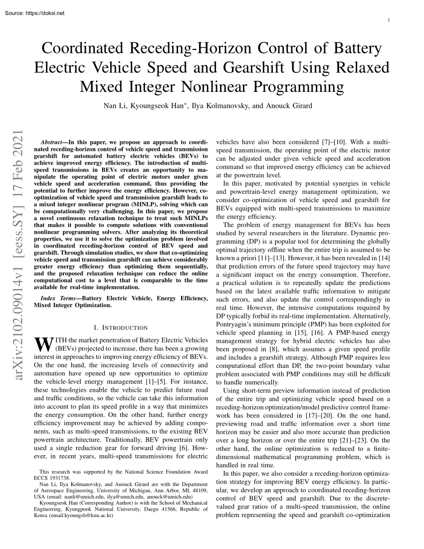 Han-Kolmanovsky-Girard - Coordinated Receding-Horizon Control of Battery Electric Vehicle Speed and Gearshift Using Relaxed Mixed Integer Nonlinear Programming