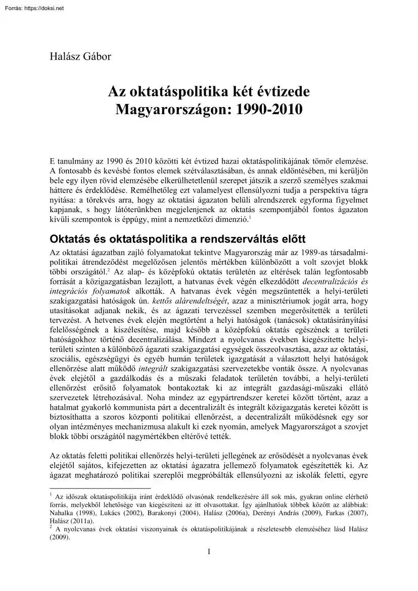 Halász Gábor - Az oktatáspolitika két évtizede Magyarországon; 1990-2010