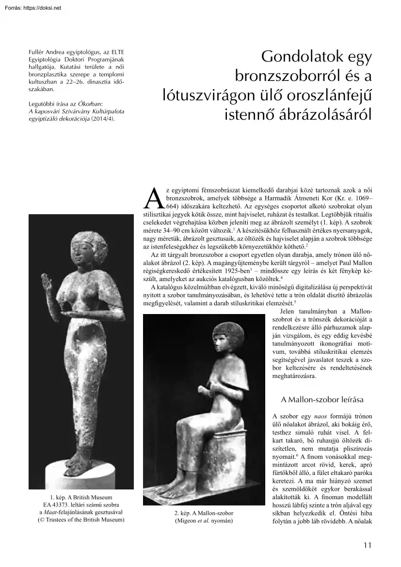 Fullér Andrea - Gondolatok egy bronzszoborról és a lótuszvirágon ülő oroszlánfejű istennő ábrázolásáról