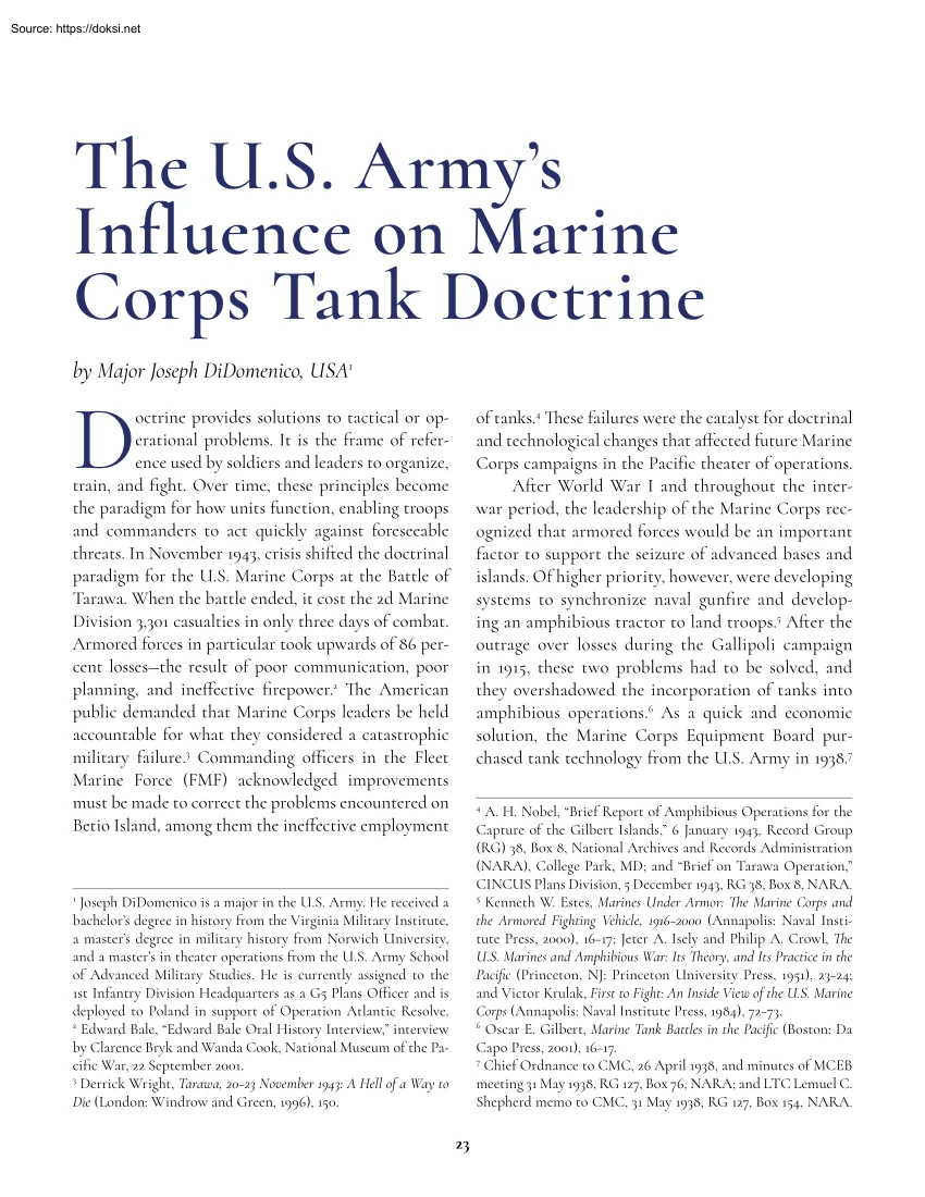 Major Joseph DiDomenico - The U.S. Armys Influence on Marine Corps Tank Doctrine