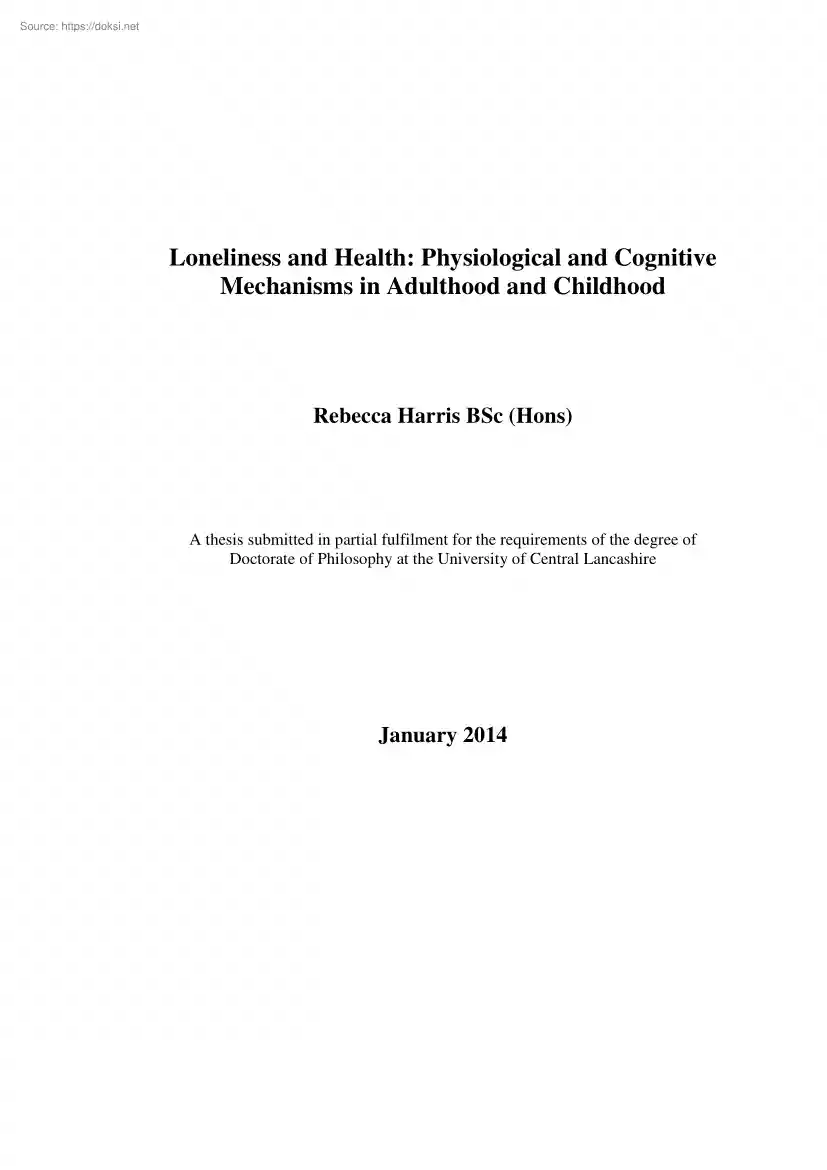Rebecca Harris - Loneliness and Health, Physiological and Cognitive Mechanisms in Adulthood and