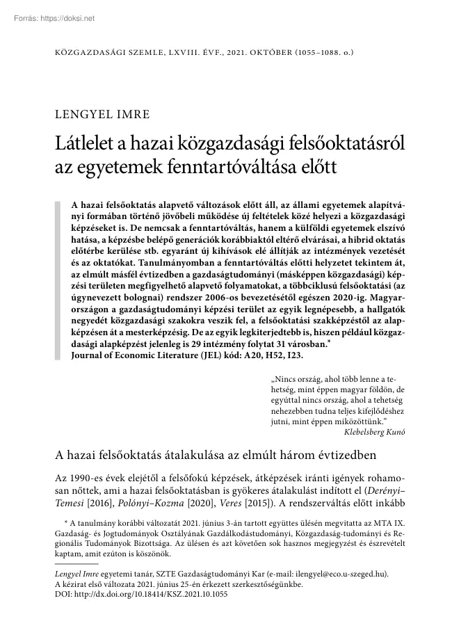 Lengyel Imre - Látlelet a hazai közgazdasági felsőoktatásról az egyetemek fenntartóváltása