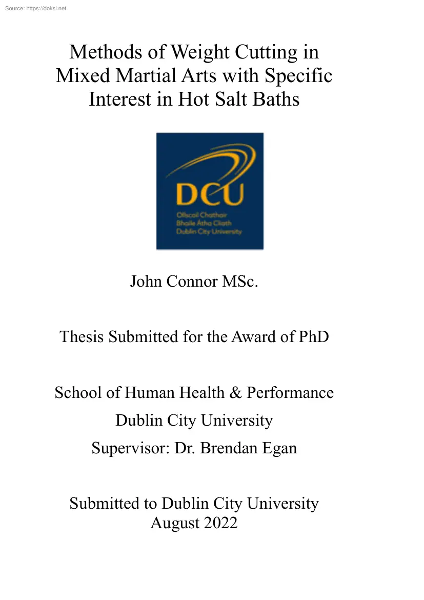 John Connor - Methods of Weight Cutting in Mixed Martial Arts with Specific Interest in Hot Salt