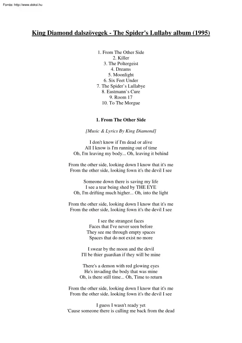 King Diamond dalszövegek - The Spiders Lullaby album