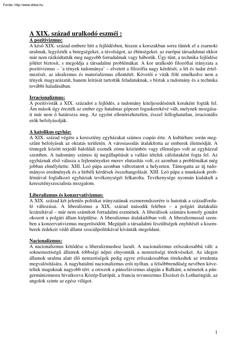 A XIX. század uralkodó eszméi