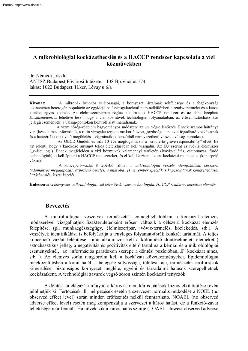 Dr. Némedi László - A mikrobiológiai kockázatbecslés és a HACCP rendszer kapcsolata a vízi közművekben
