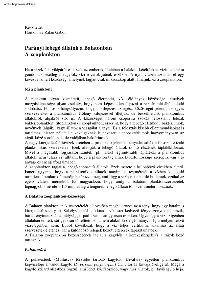 Homonnay Zalán Gábor - Parányi lebegő állatok a Balatonban, A zooplankton