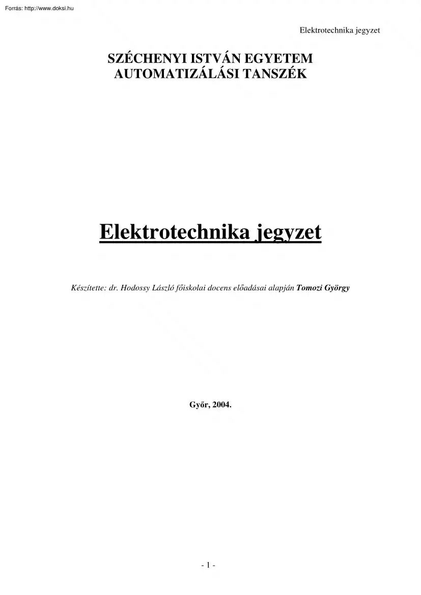 Dr. Hodossy László - Elektrotechnikai jegyzet