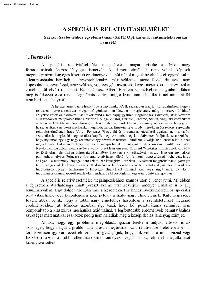 Szabó Gábor - A speciális relativitáselmélet