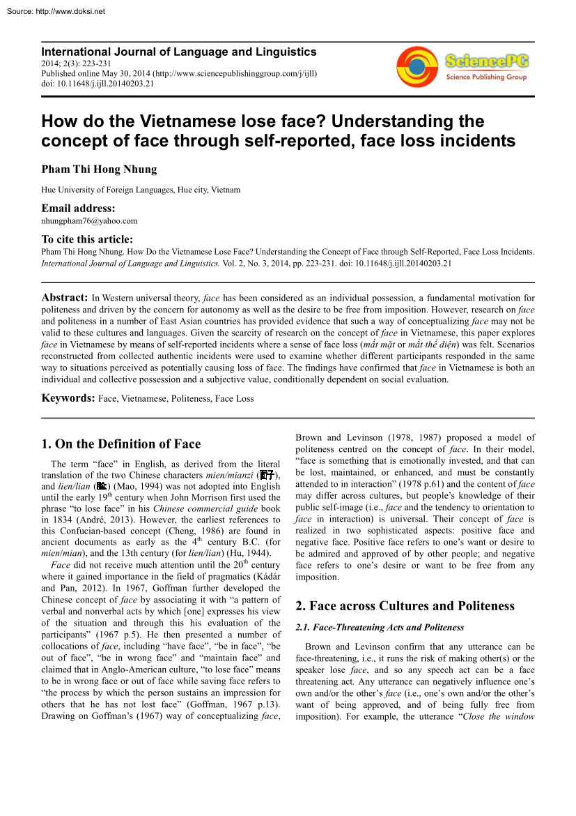Pham Thi Hong Nhung - How Do the Vietnamese Lose Face, Understanding the Concept of Face Through Self-reported, Face Loss Incidents