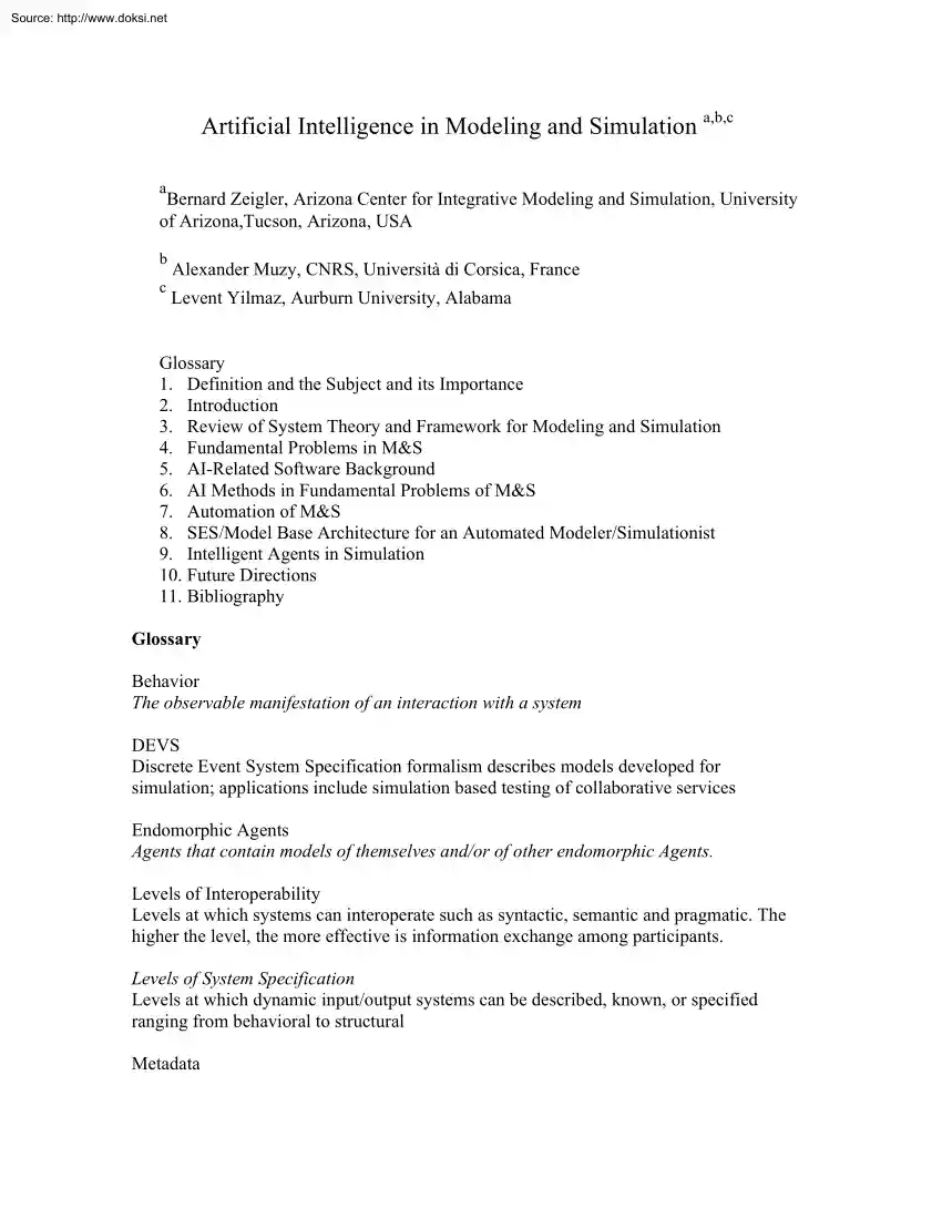 Zeigler-Muzy - Artificial Intelligence in Modeling and Simulation