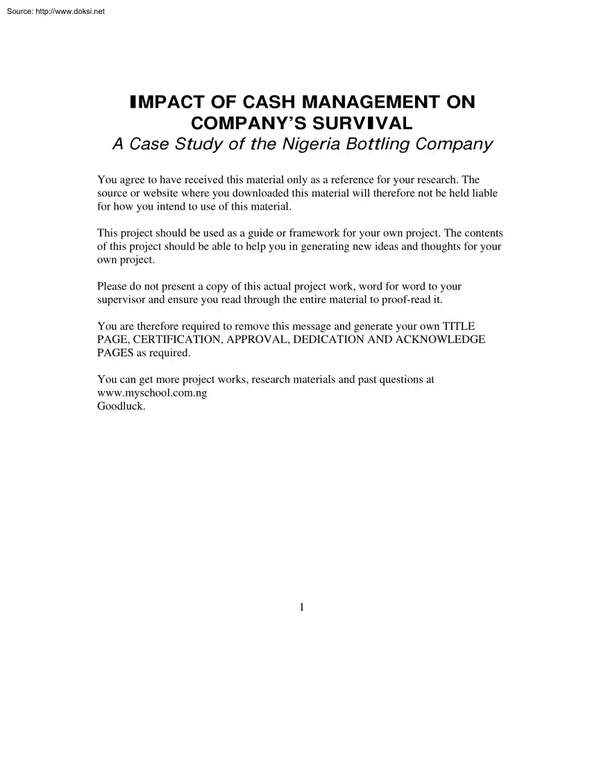 Impact of Cash Management on Companys Survival, A Case Study of the Nigeria Bottling Company