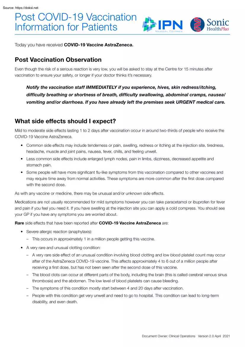 Post COVID-19 Vaccination Information for Patients