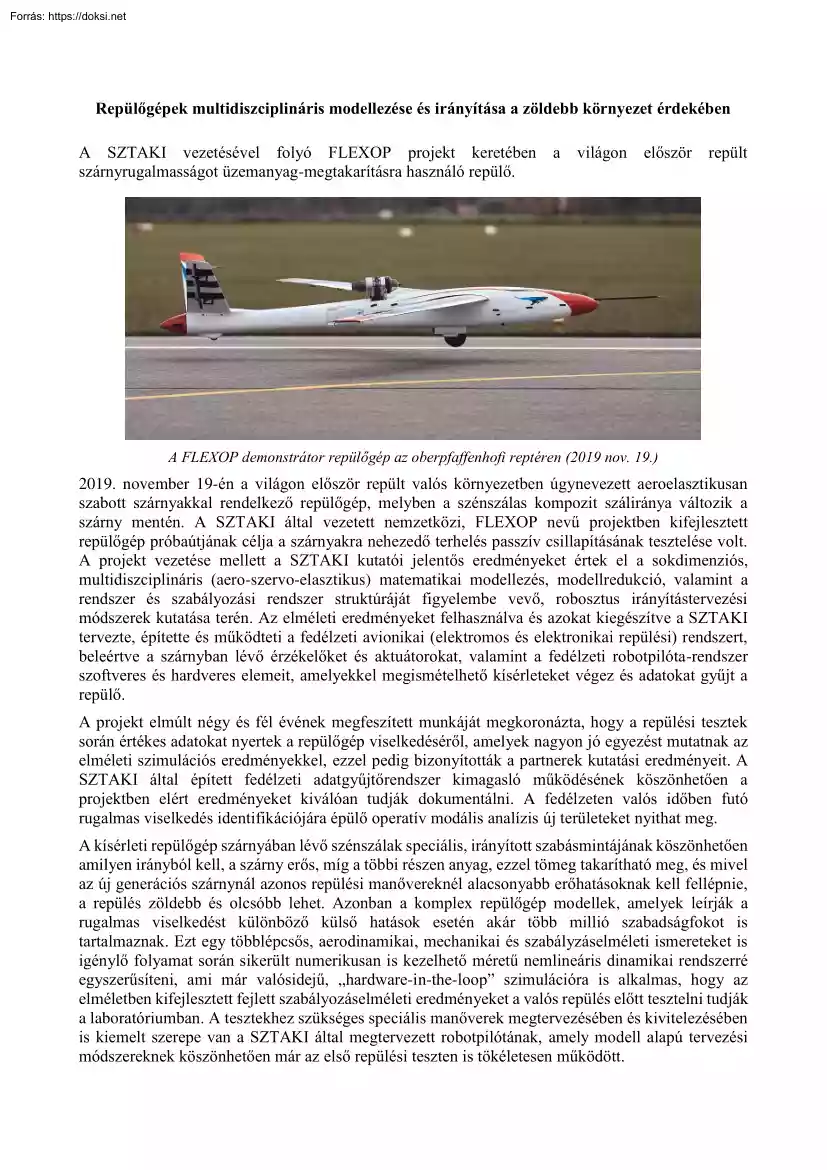 Repülőgépek multidiszciplináris modellezése és irányítása a zöldebb környezet érdekében