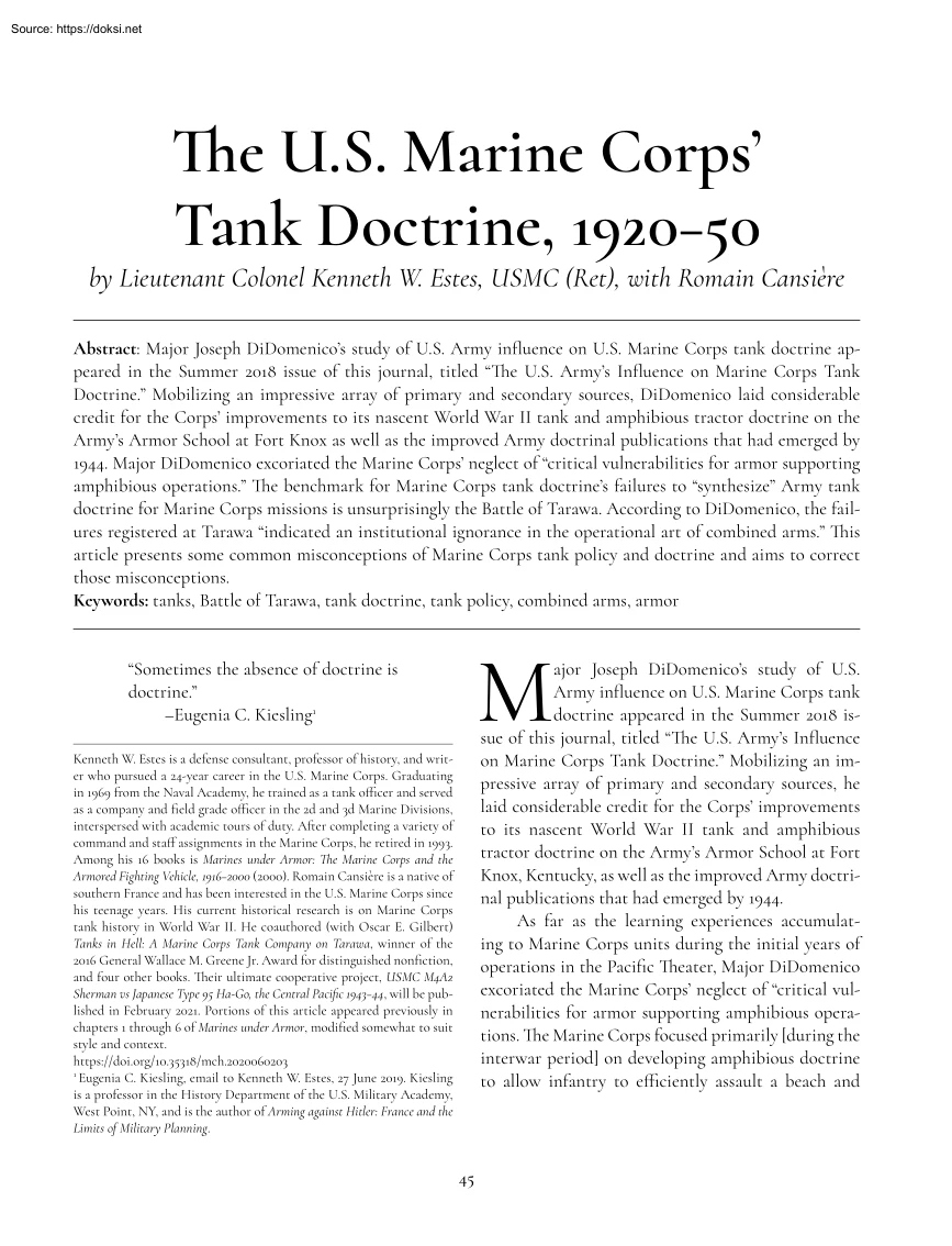Lieutenant Colonel Kenneth W. Estes - The U.S. Marine Corps Tank Doctrine, 1920–50