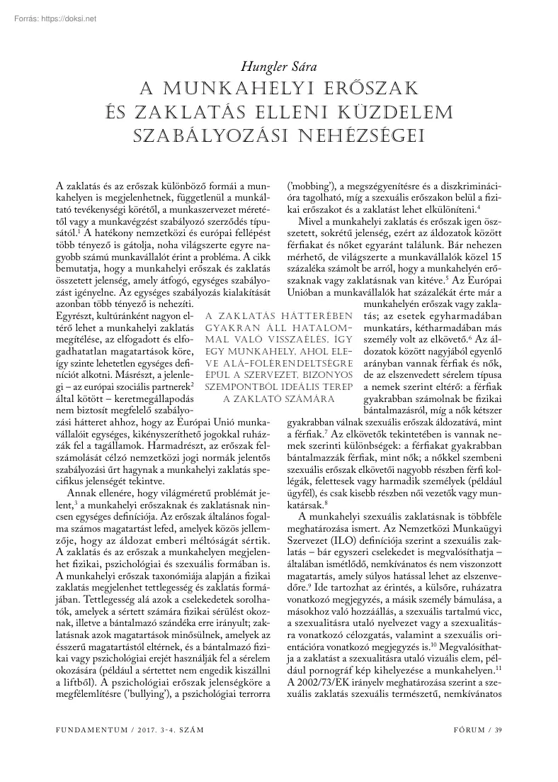 Hungler Sára - A munkahelyi erőszak és zaklatás elleni küzdelem szabályozási nehézségei