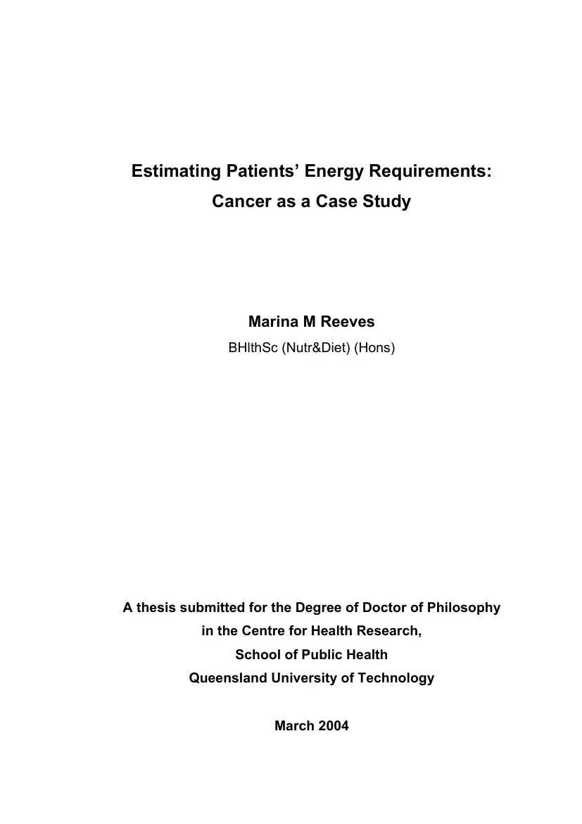 Marina M Reeves - Estimating Patients Energy Requirements, Cancer as a Case Study