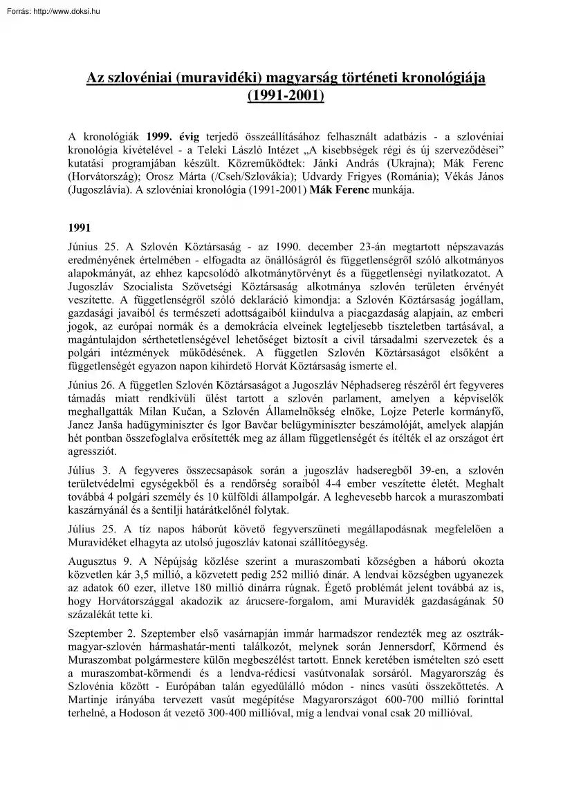 A szlovéniai (muravidéki) magyarság történeti kronológiája (1991-2001)