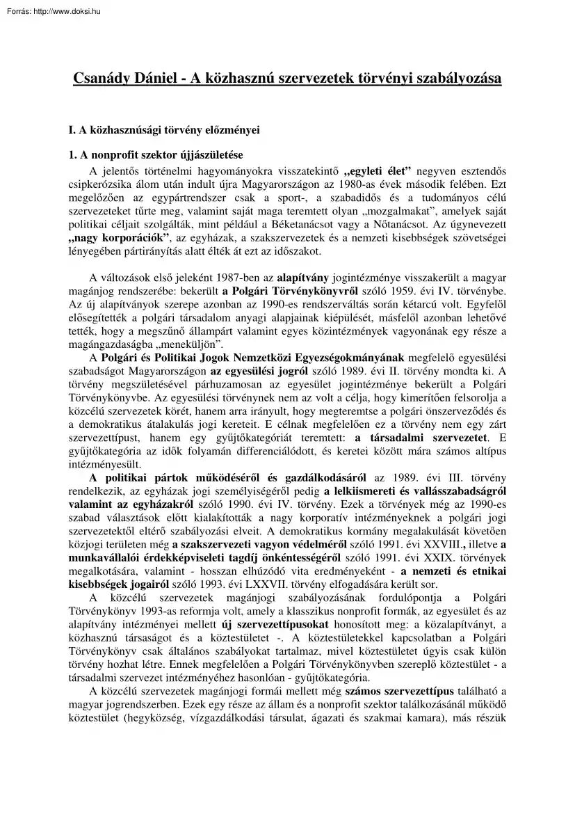 Csanády Dániel - A közhasznú szervezetek törvényi szabályozása