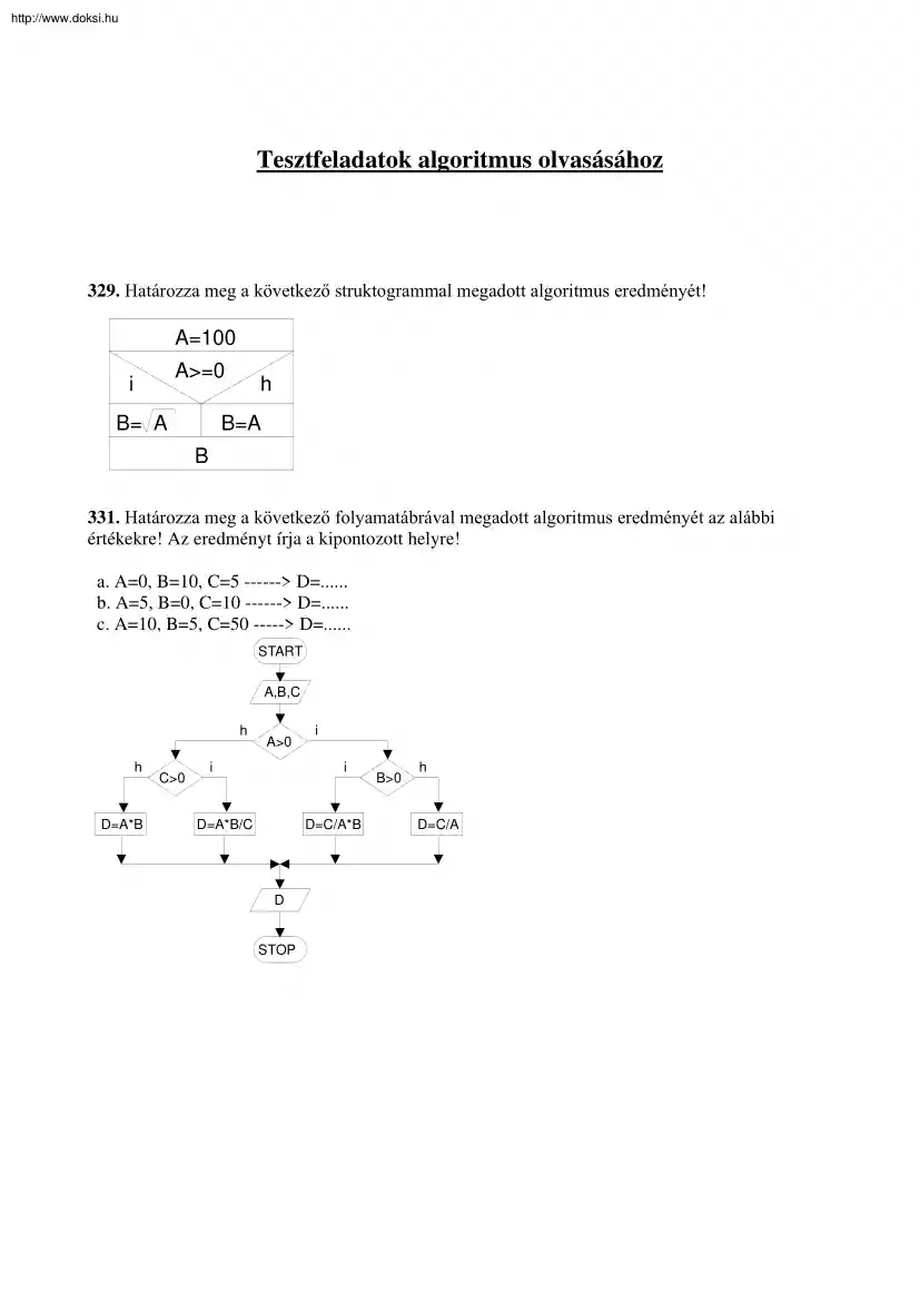 Tesztfeladatok algoritmus olvasásához