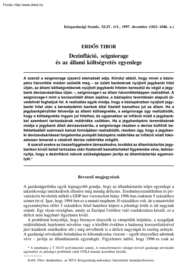 Erdős Tibor - Dezinfláció, seigniorage és az állami költségvetés egyenlege