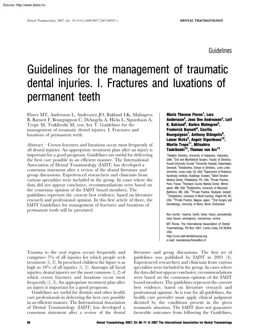 Guidelines for the management of traumatic dental injuries, Fractures and luxations of permanent