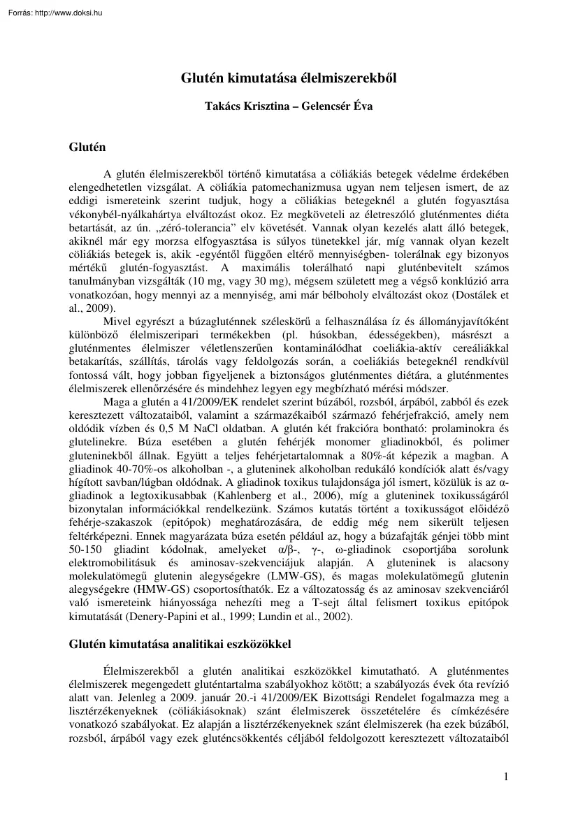 Takács-Gelencsér - Glutén kimutatása élelmiszerekből
