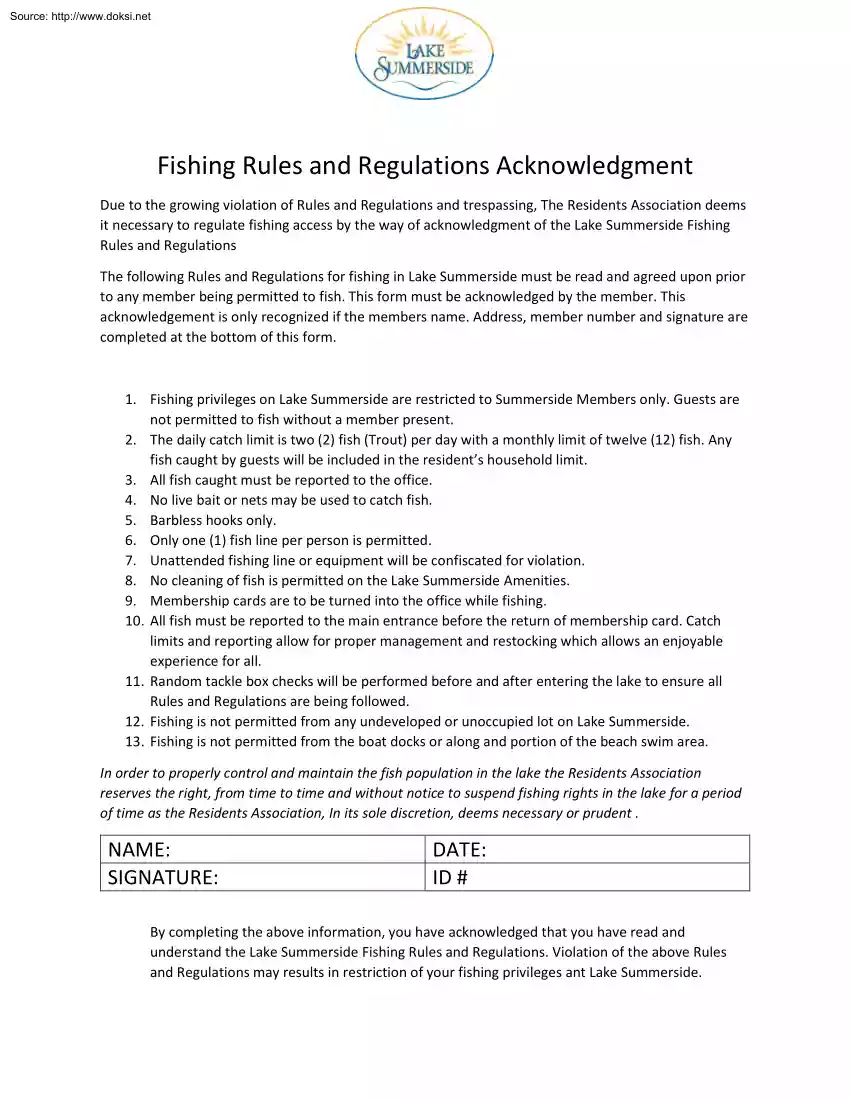 Fishing Rules and Regulations Acknowledgment, Lake Summerside